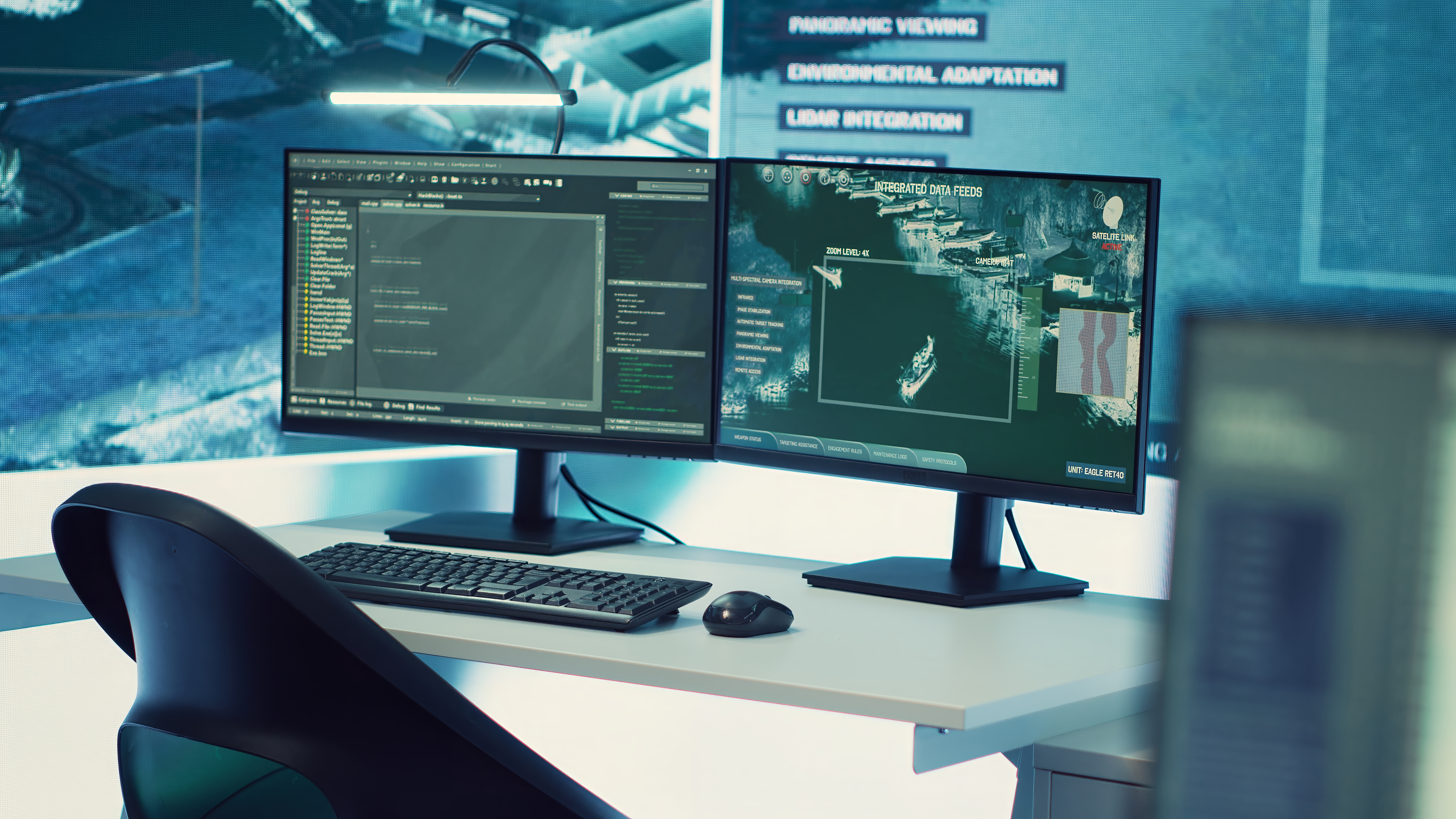 Modern digital workspace with multiple monitors showing code and design interfaces, cybersecurity dashboards in the background